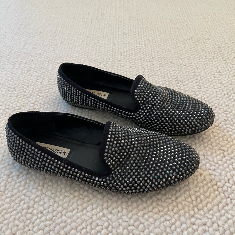 Steve Madden Black Crystal-Studded Slip-On Loafers